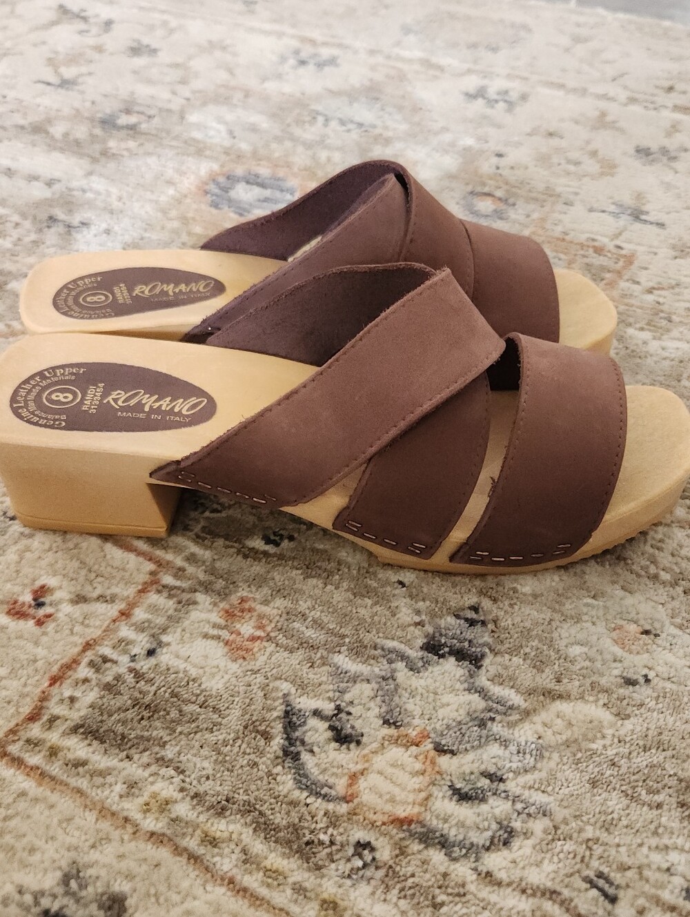 Romano Italy Square Toe Y2K Brown Leather Clog Sandals Left 9 Right 8 Vintage
